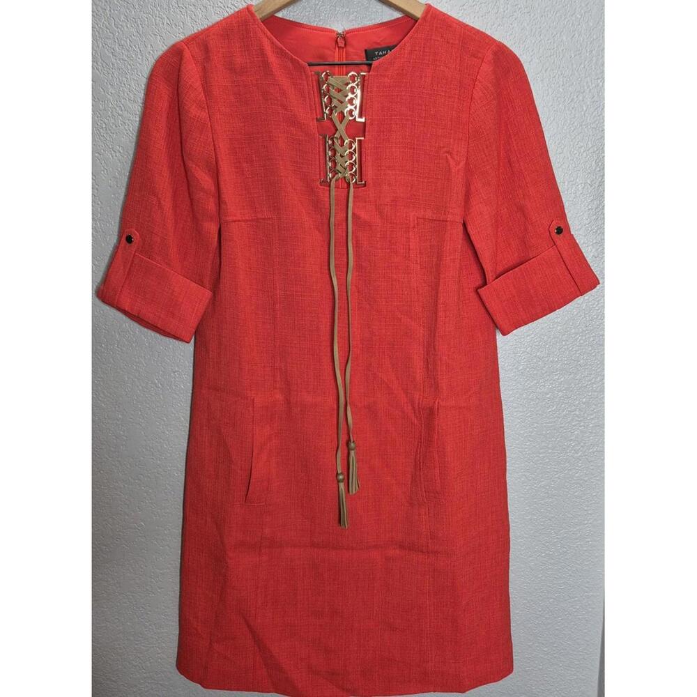 Tahari Arthur S Levine Red Linen Shift Dress Lace-Up Front Pockets Size 2...